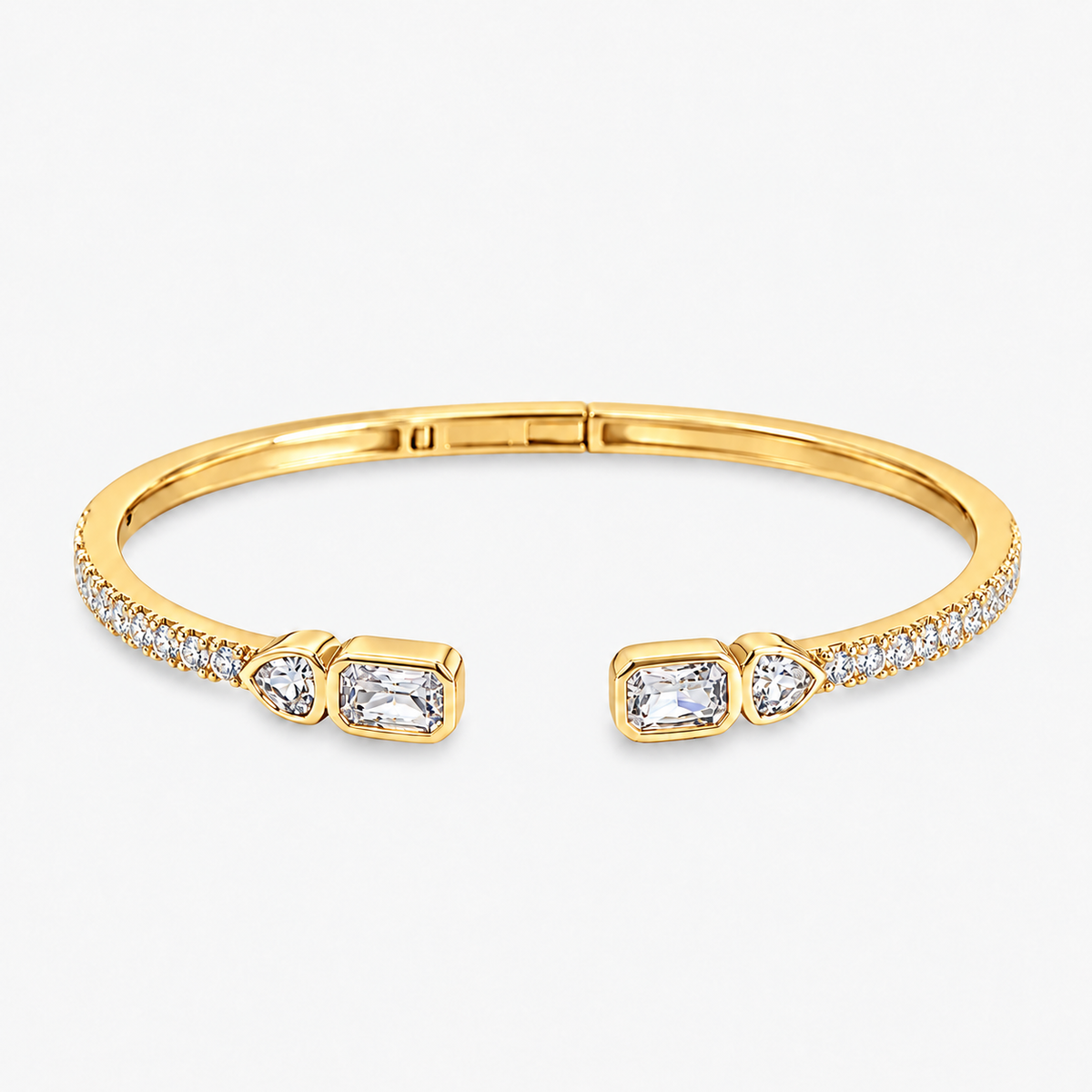 Gold open bangle bracelet with pavé simulated diamond accents at each end, alone product shot on a plain background.