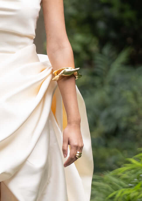 Caroline Sculptural Cuff Bracelet — bold 18K gold-plated statement bracelet, lightweight hypoallergenic demi-fine jewelry