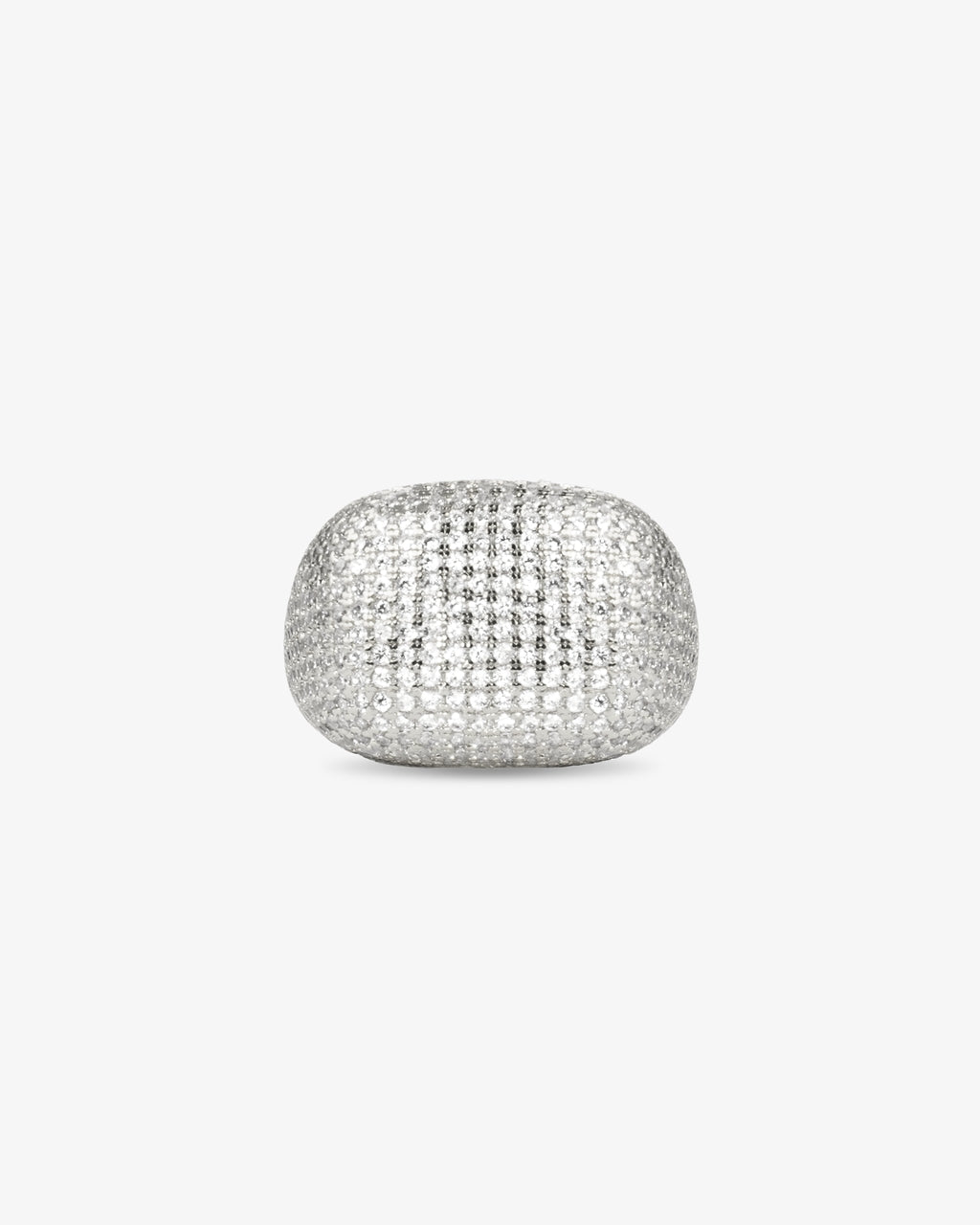 Silver wide band pave simulated diamond ring, alone product shot from a top-down angle.