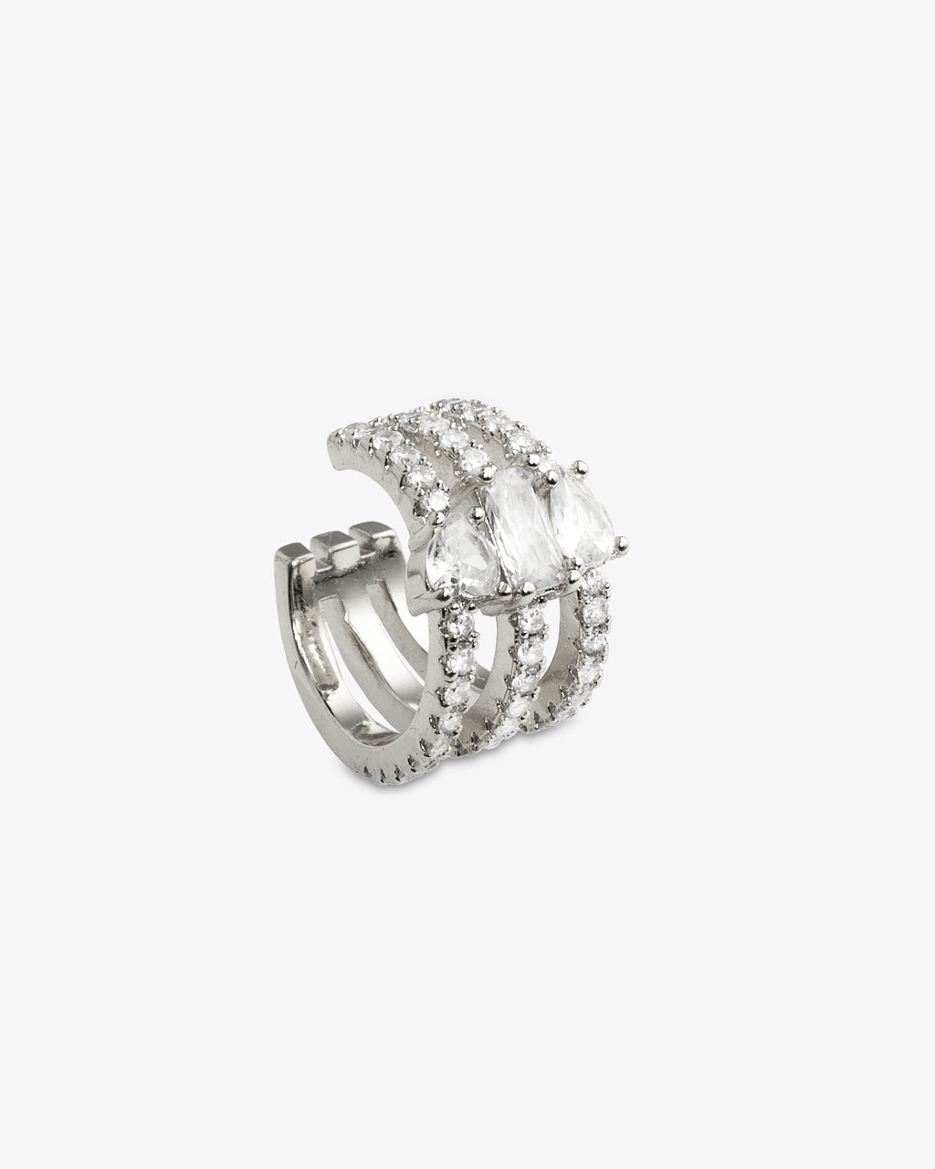 Silver chunky geometric ear cuff, alone product shot on a plain background.
