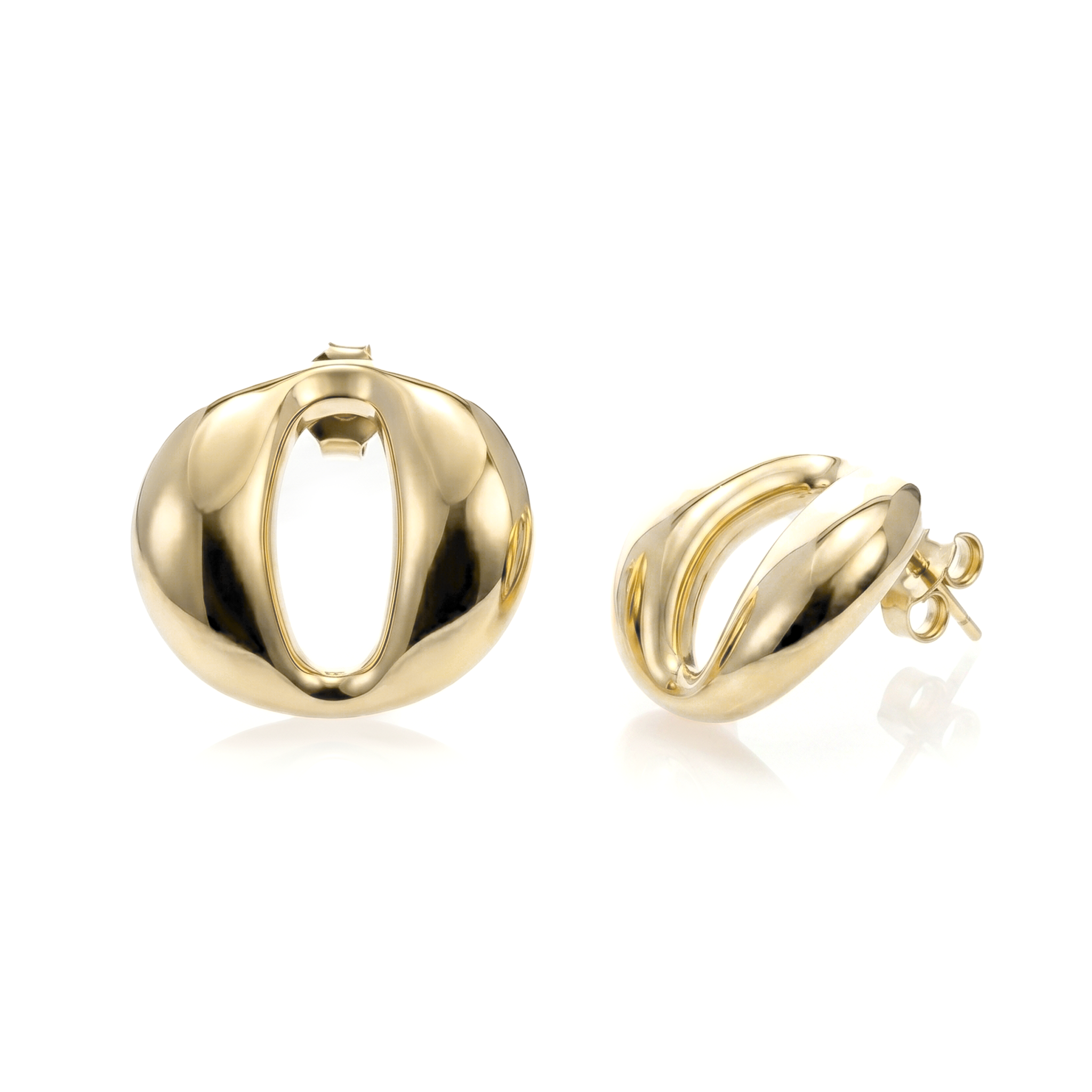 Dome earrings available in gold plated and rhodium plated finishes with smooth sculptural design