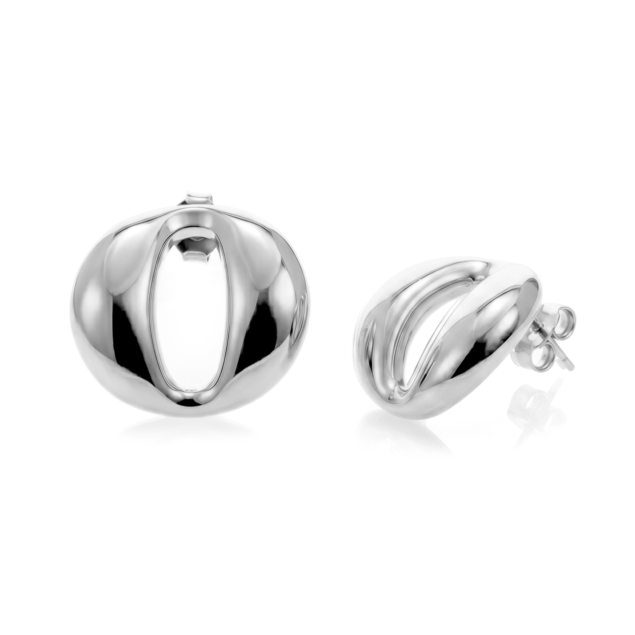 Dome earrings available in gold plated and rhodium plated finishes with smooth sculptural design