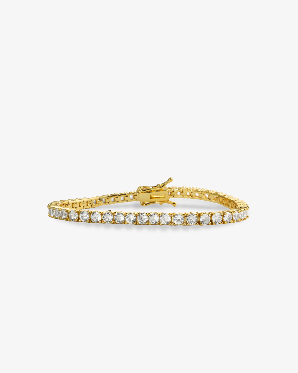 Gold round simulated diamond tennis bracelet, alone product shot on a plain background.