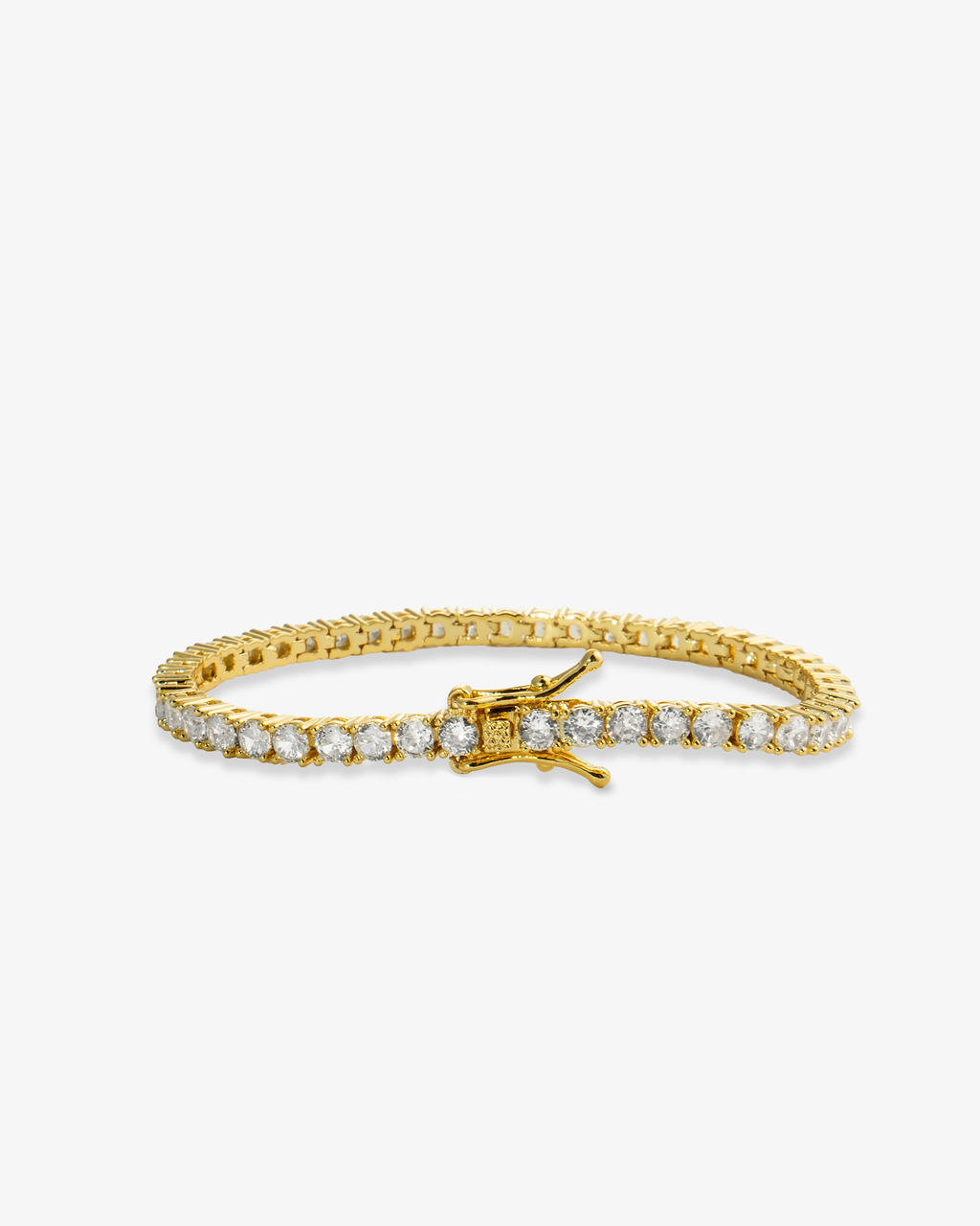 Gold round simulated diamond tennis bracelet, alone product shot from a different angle.