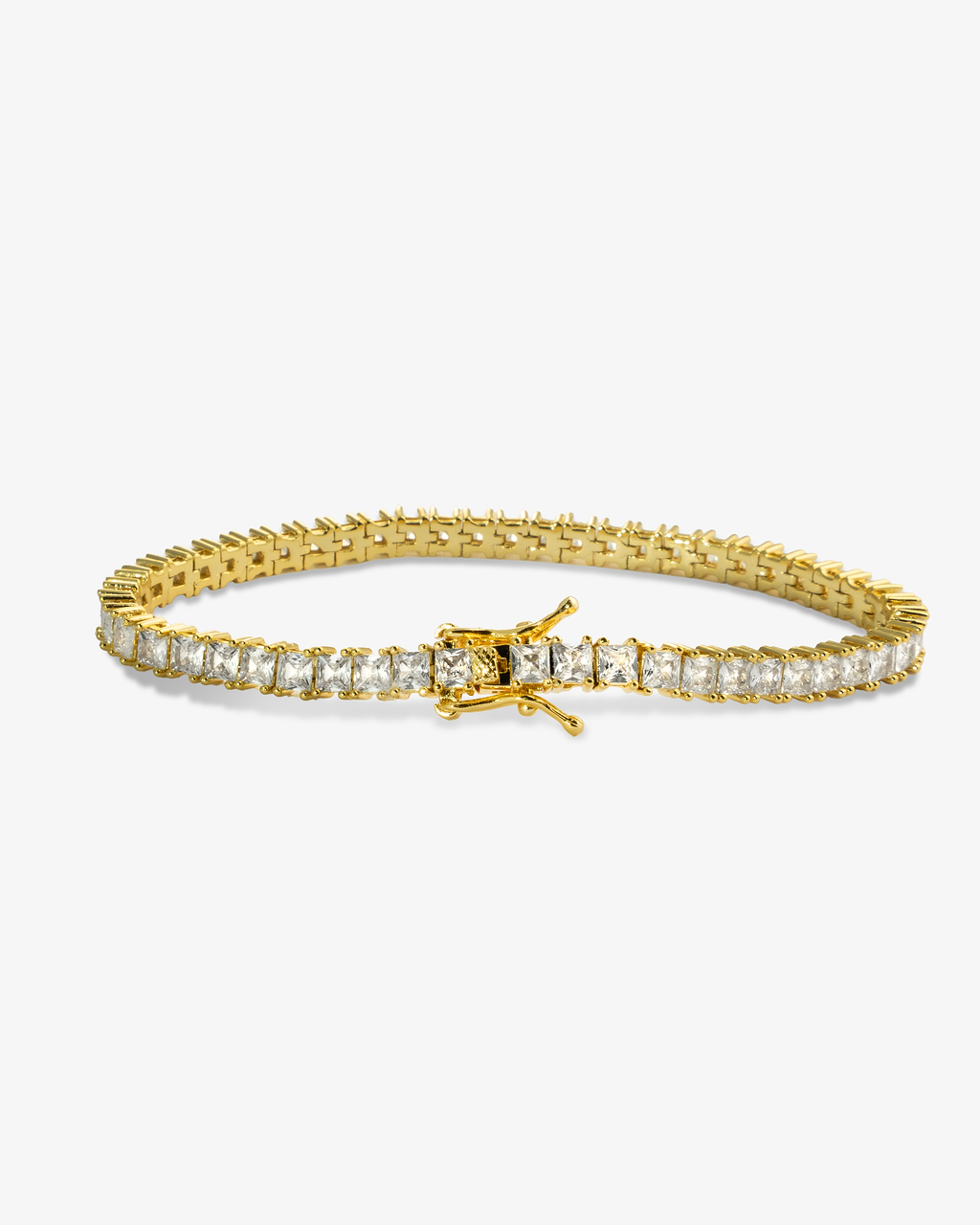 Gold square-cut simulated diamond tennis bracelet, alone product shot from a different angle.