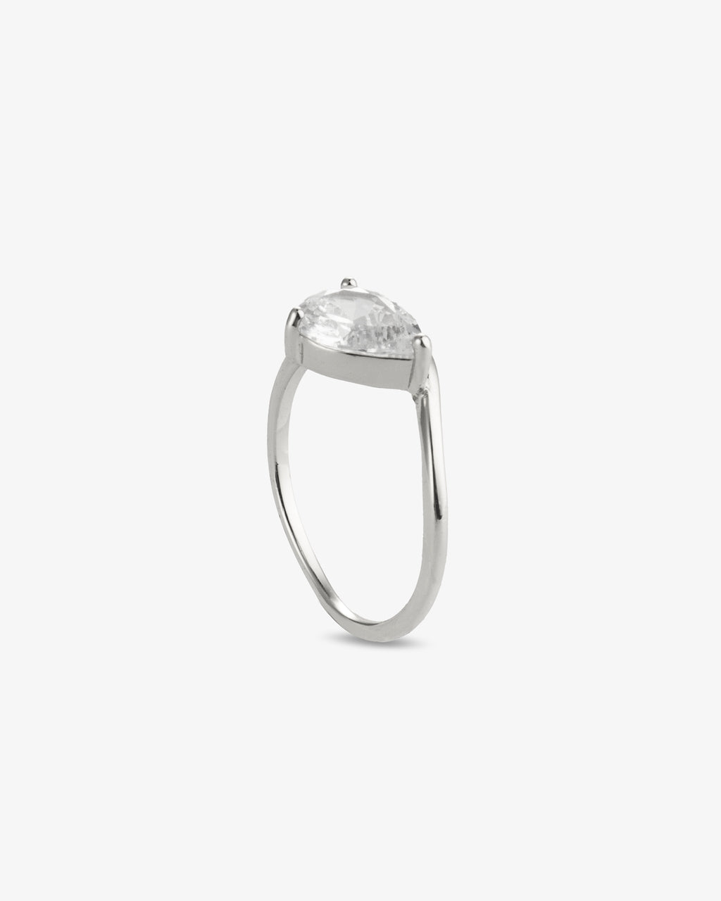 Silver pear-shaped simulated diamond pinky ring, alone close-up product shot from a side profile.
