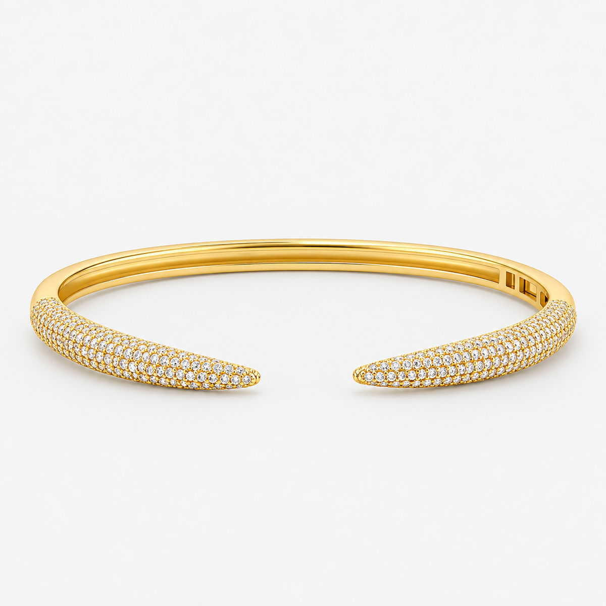 Gold pavé simulated diamond open cuff bangle bracelet, alone product shot on a plain background.