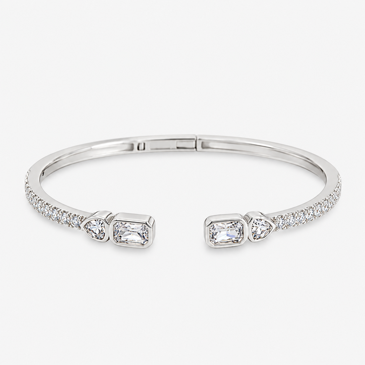 Silver open bangle bracelet with pavé simulated diamond accents at each end, alone product shot on a plain background.