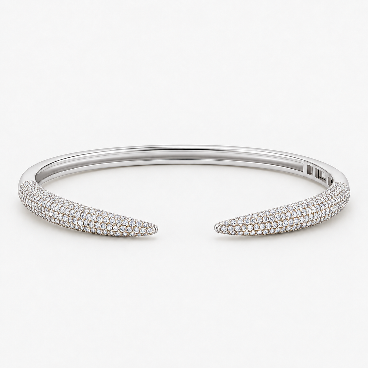 Silver pavé simulated diamond open cuff bangle bracelet, alone product shot on a plain background.