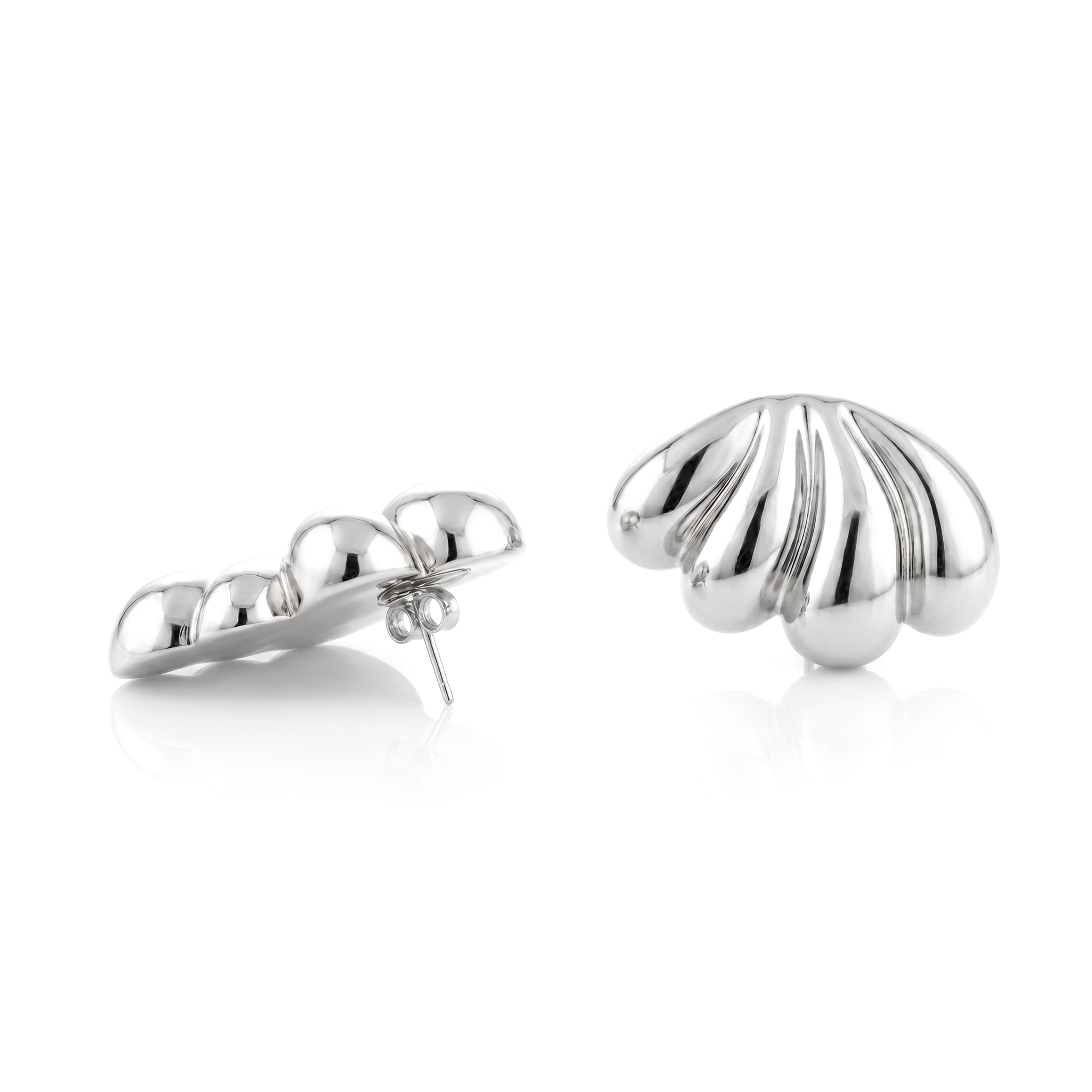 Silver plated fan-shaped earrings with layered radiating design and polished finish, 46mm by 30mm