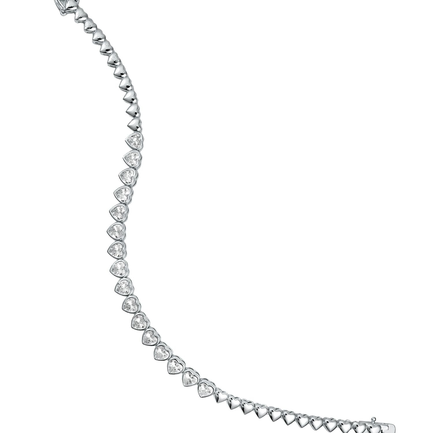 Rhodium plated heart tennis bracelet with cubic zirconia stones in continuous heart link design, 5mm thickness, 6.5 inch length