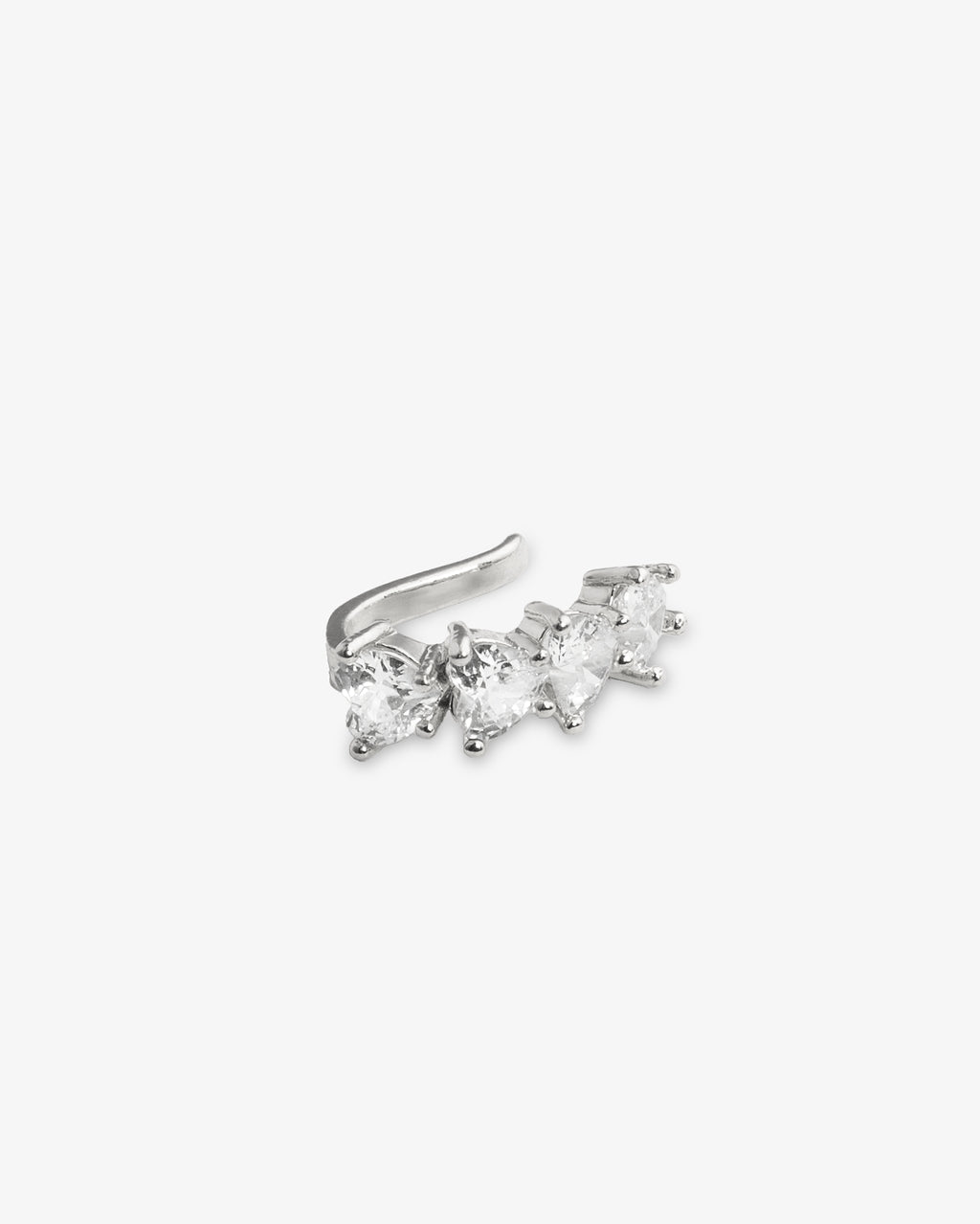 Silver sculptural pave climber ear cuff with clear simulated diamond stones, alone product shot on a plain background.
