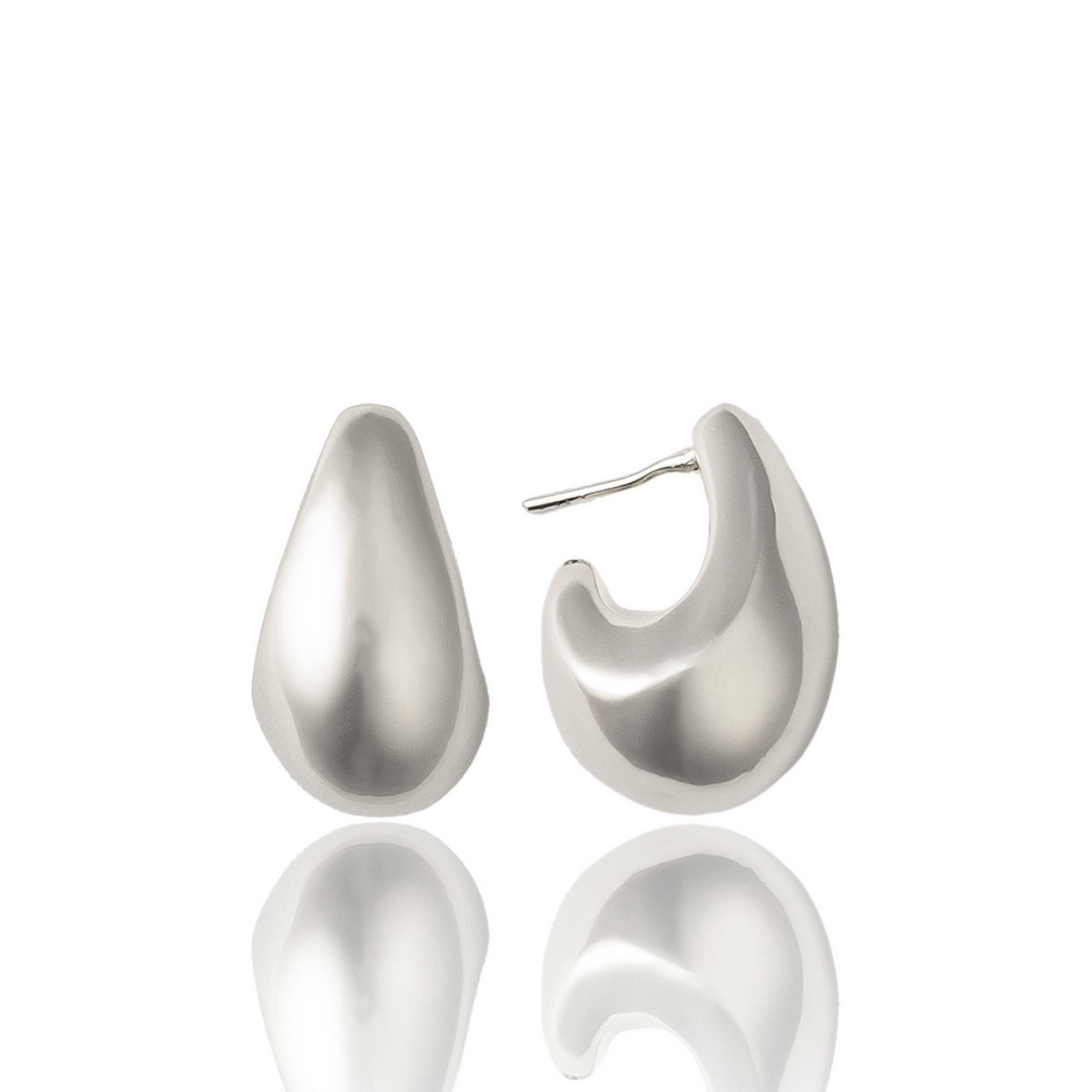 Small sculptural rhodium plated earrings with rounded molten-inspired design and polished high shine finish, 24mm diameter