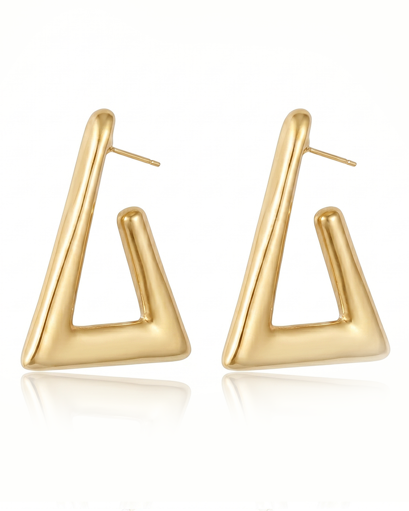 Geometric gold plated triangular earrings with open-frame design and high-polish finish, 34mm by 50mm size