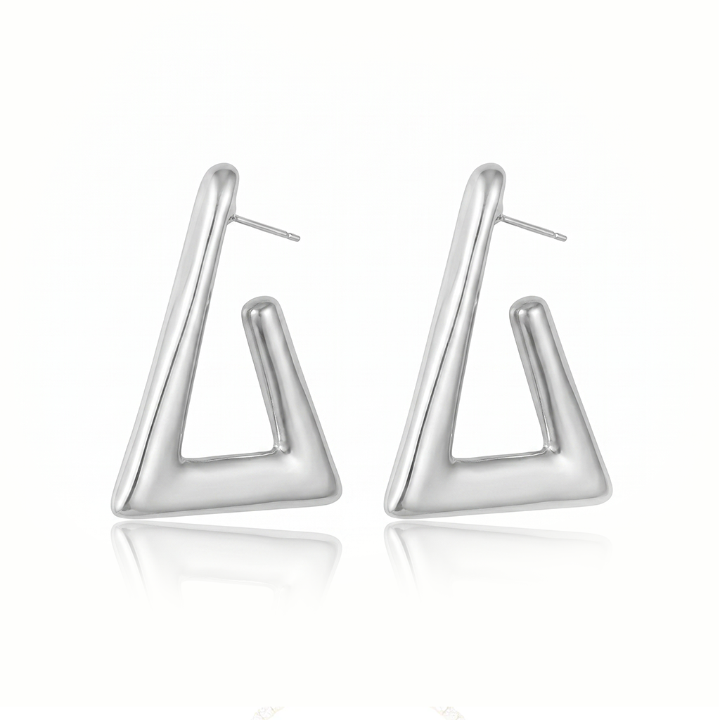Geometric rhodium plated triangular earrings with open-frame design and high-polish finish, 34mm by 50mm size