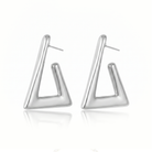 Geometric rhodium plated triangular earrings with open-frame design and high-polish finish, 34mm by 50mm size
