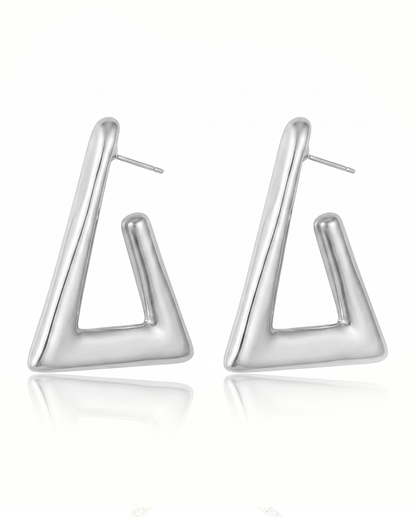 Geometric rhodium plated triangular earrings with open-frame design and high-polish finish, 34mm by 50mm size
