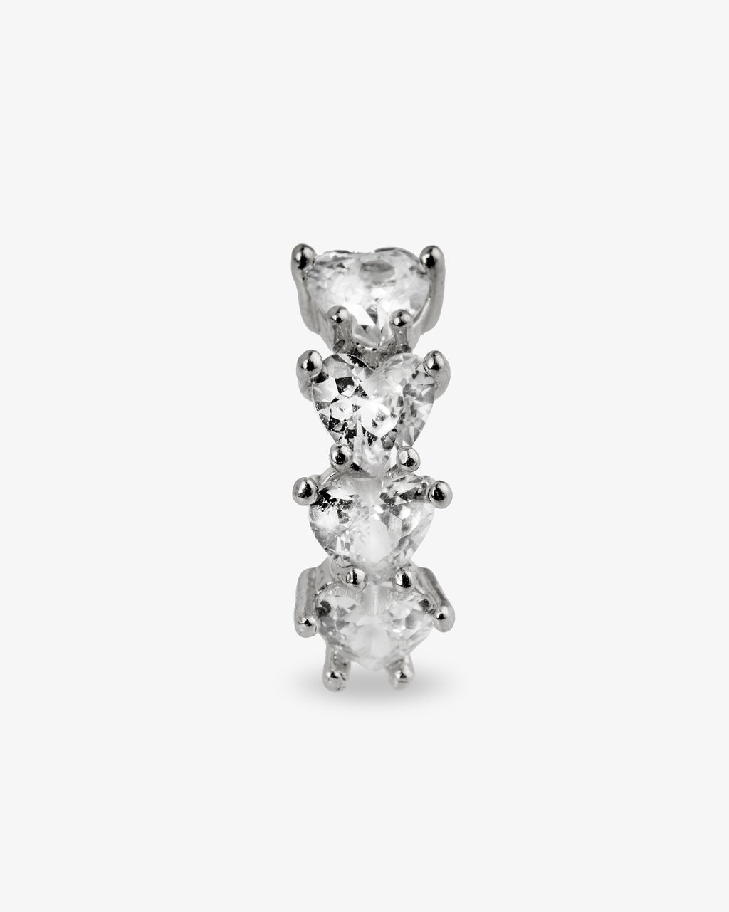 Silver sculptural pave climber ear cuff, alone close-up product shot shown vertically.