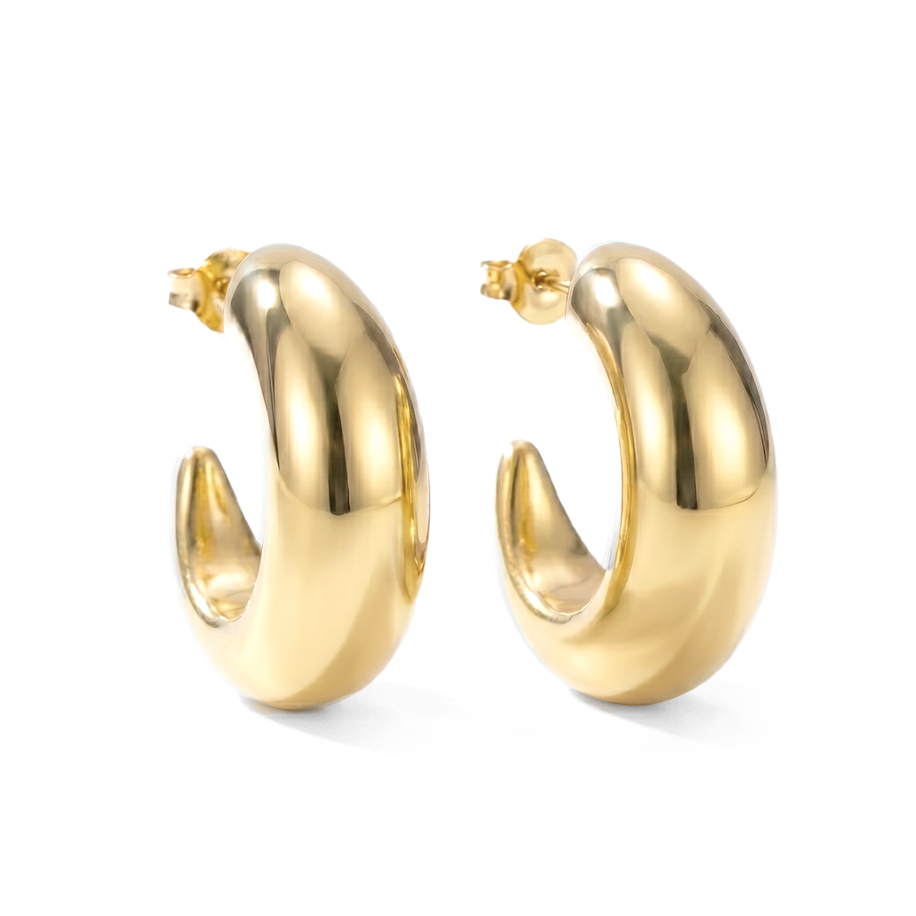 Large gold plated hoop earrings with thick sculptural curved design and polished finish, 38mm diameter