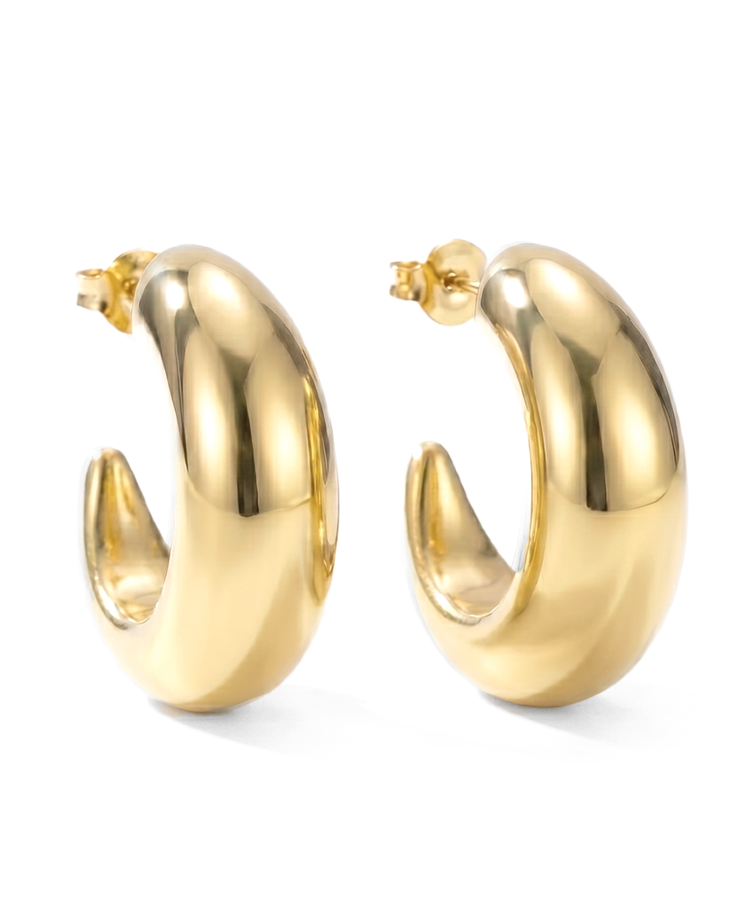 Large gold plated hoop earrings with thick sculptural curved design and polished finish, 38mm diameter