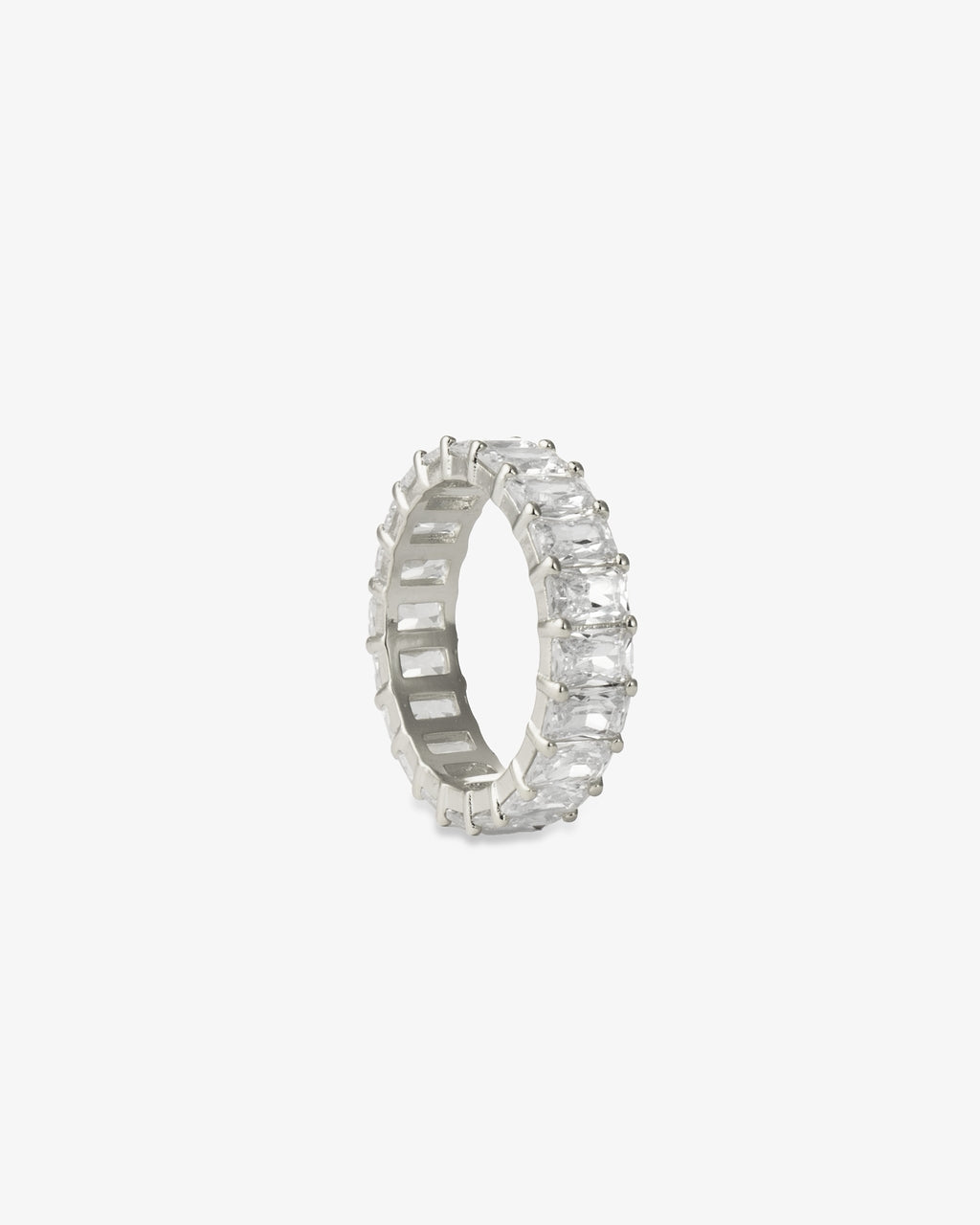 Silver baguette simulated diamond eternity ring, alone product shot from a different angle.