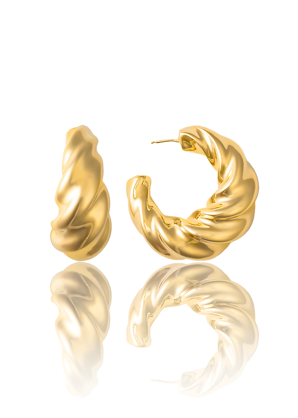 Gold plated bold hoop earrings with thick sculptural profile and polished finish