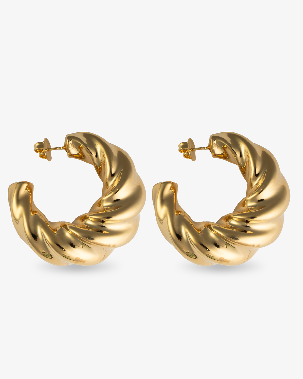 Twisted sculptural chunky gold hoop earrings front view