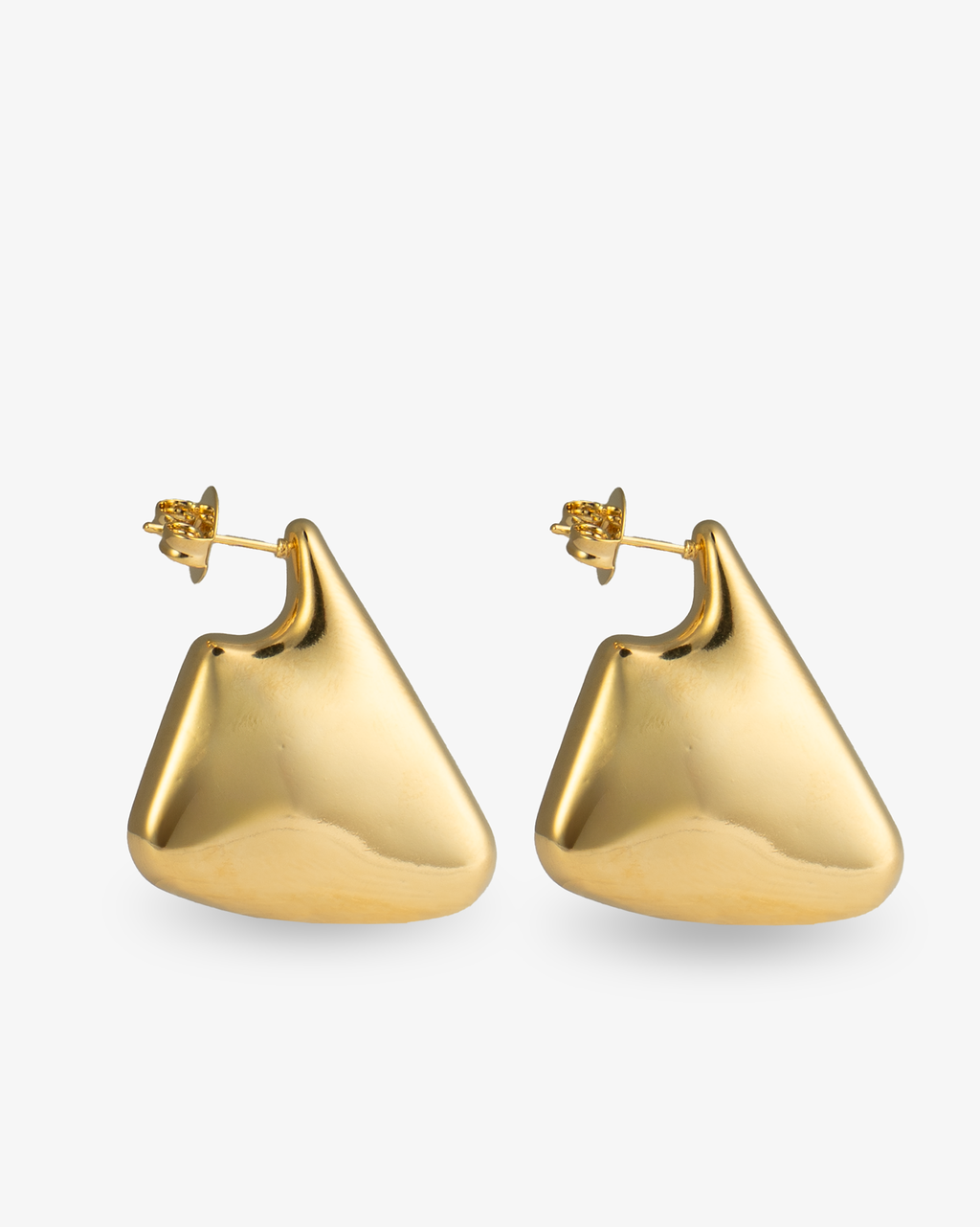 Sculptural triangular gold statement earrings front view with post closure