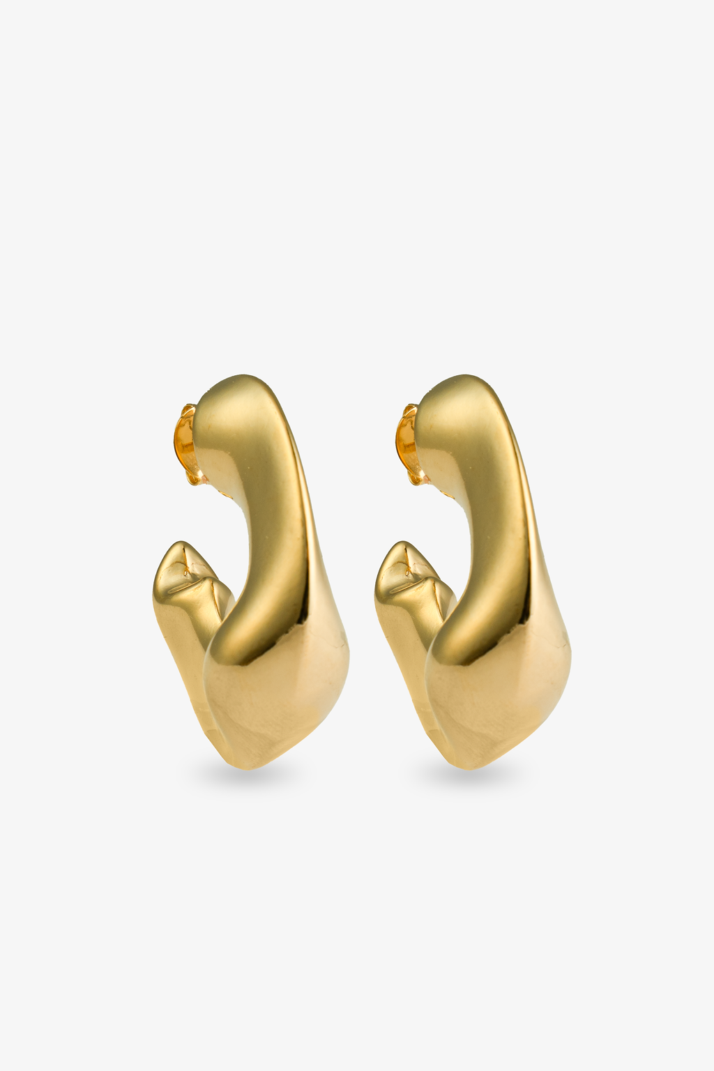 Chunky sculptural gold hoop earrings front view