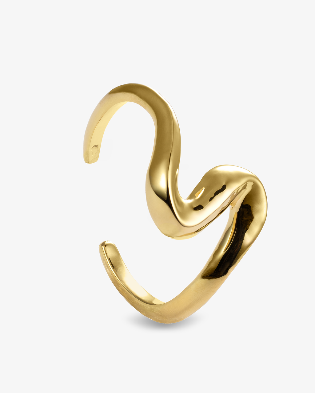Polished sculptural gold cuff bracelet side view