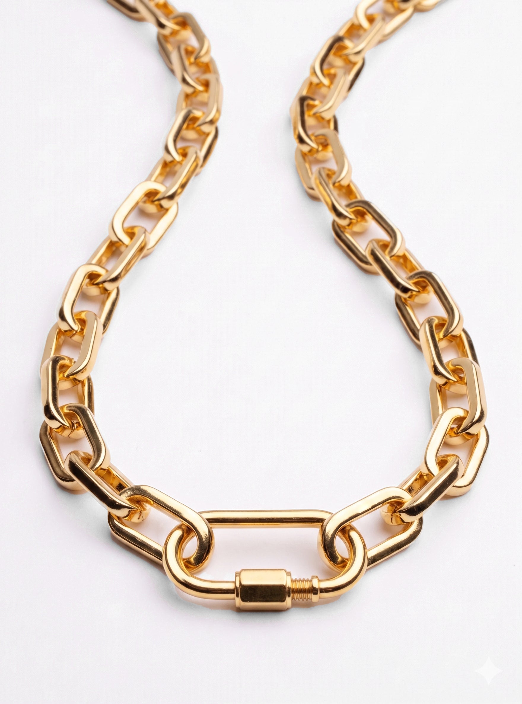 Gold plated chain link necklace with elongated links and adjustable length up to 22 inches