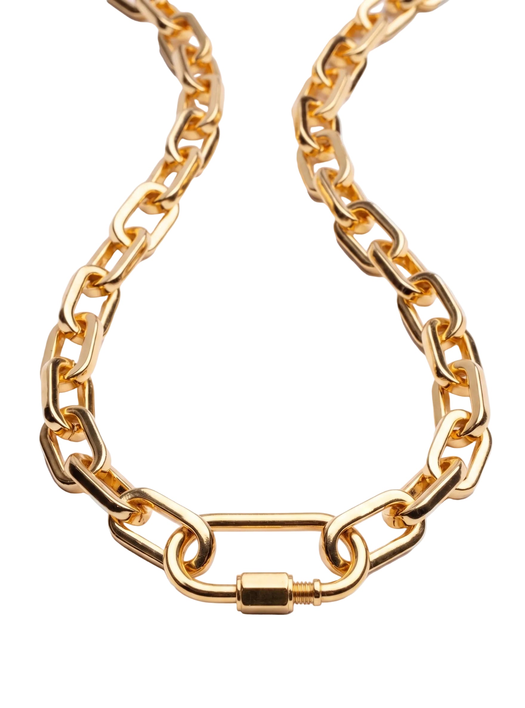 Gold plated chain link necklace with elongated links and adjustable length up to 22 inches