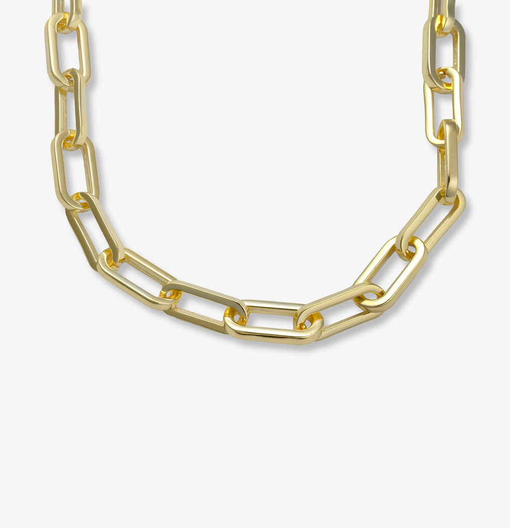 Gold paperclip chain choker necklace with elongated rectangular links