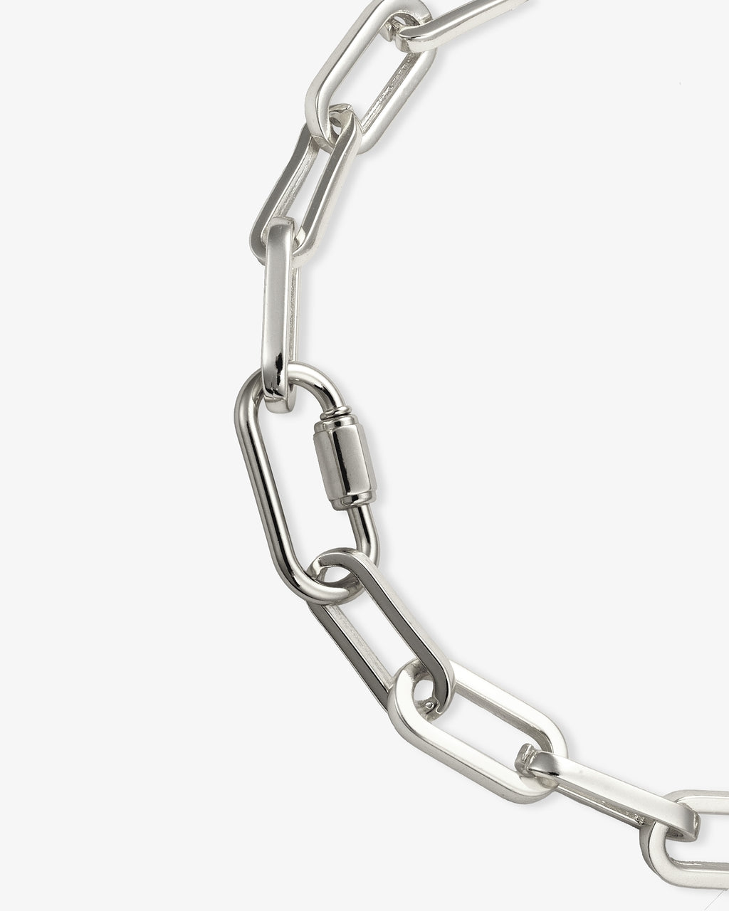 silver paperclip chain necklace close-up with carabiner clasp