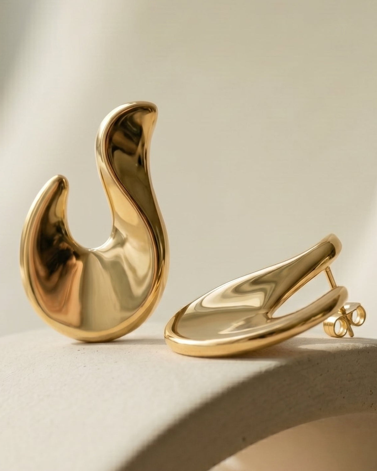 Valentina Abstract Hook Drop Earrings Gold — sculptural 18K gold-plated statement earrings, hypoallergenic demi-fine jewelry