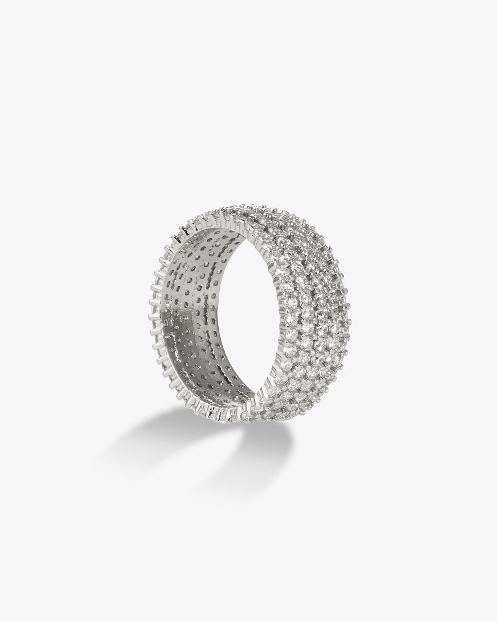 Silver chunky pave simulated diamond band ring, alone product shot from a different angle.