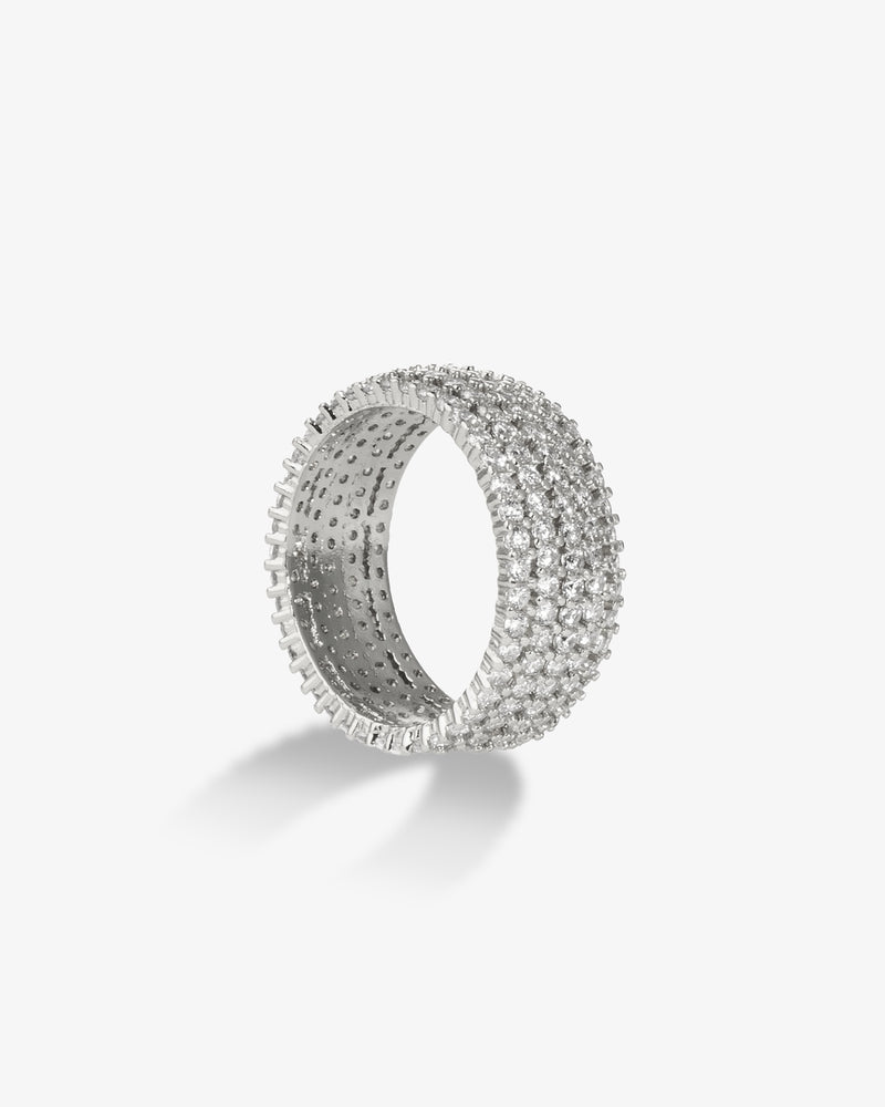 Silver chunky pave simulated diamond band ring, alone product shot from a different angle.