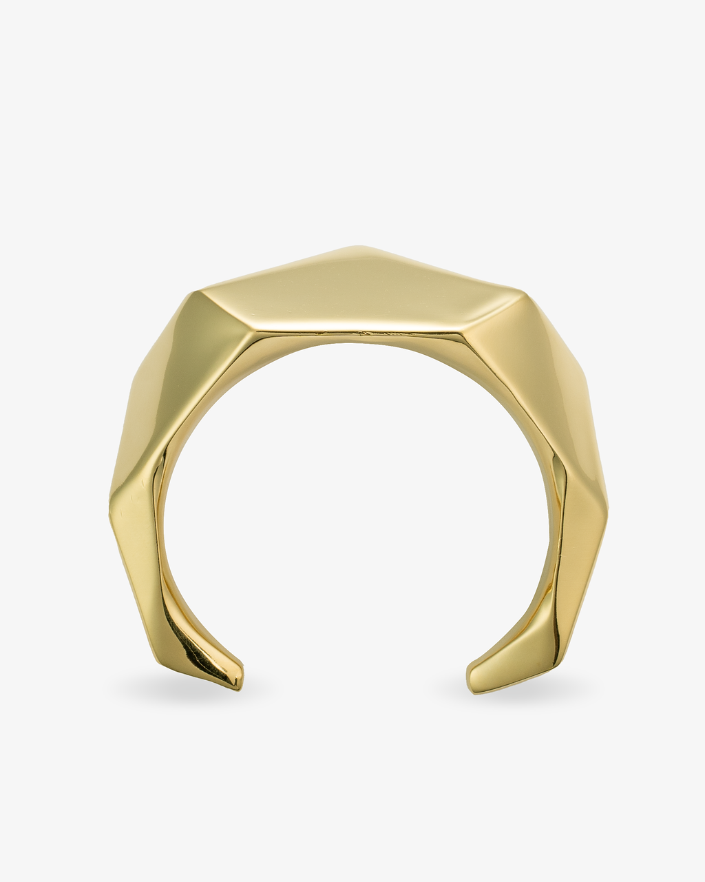 Gold sculptural geometric faceted cuff bracelet, alone product shot from the back showing the open side of the cuff.