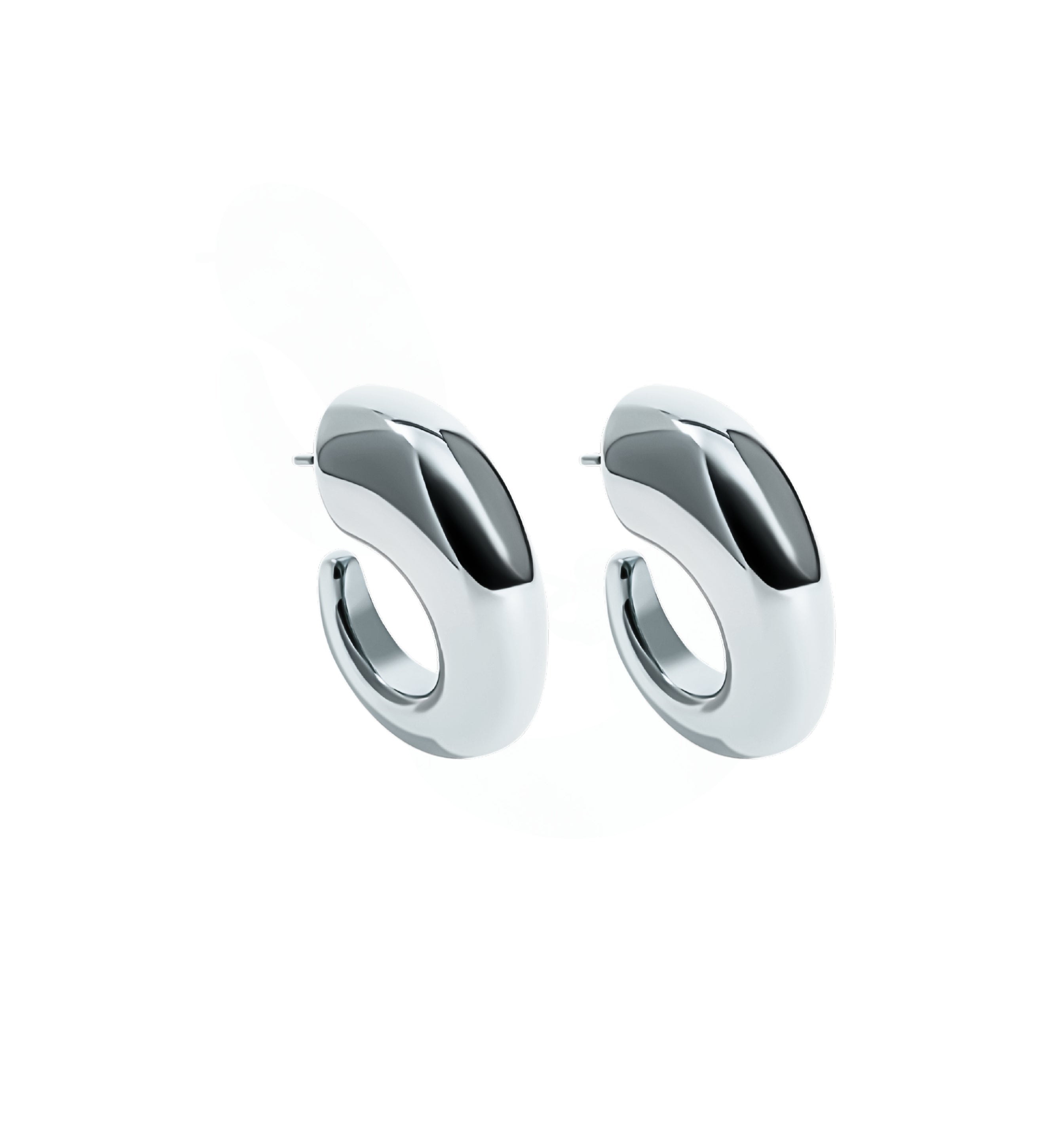 Oval open hoop earrings available in gold plated and rhodium plated finishes with sculptural thick design