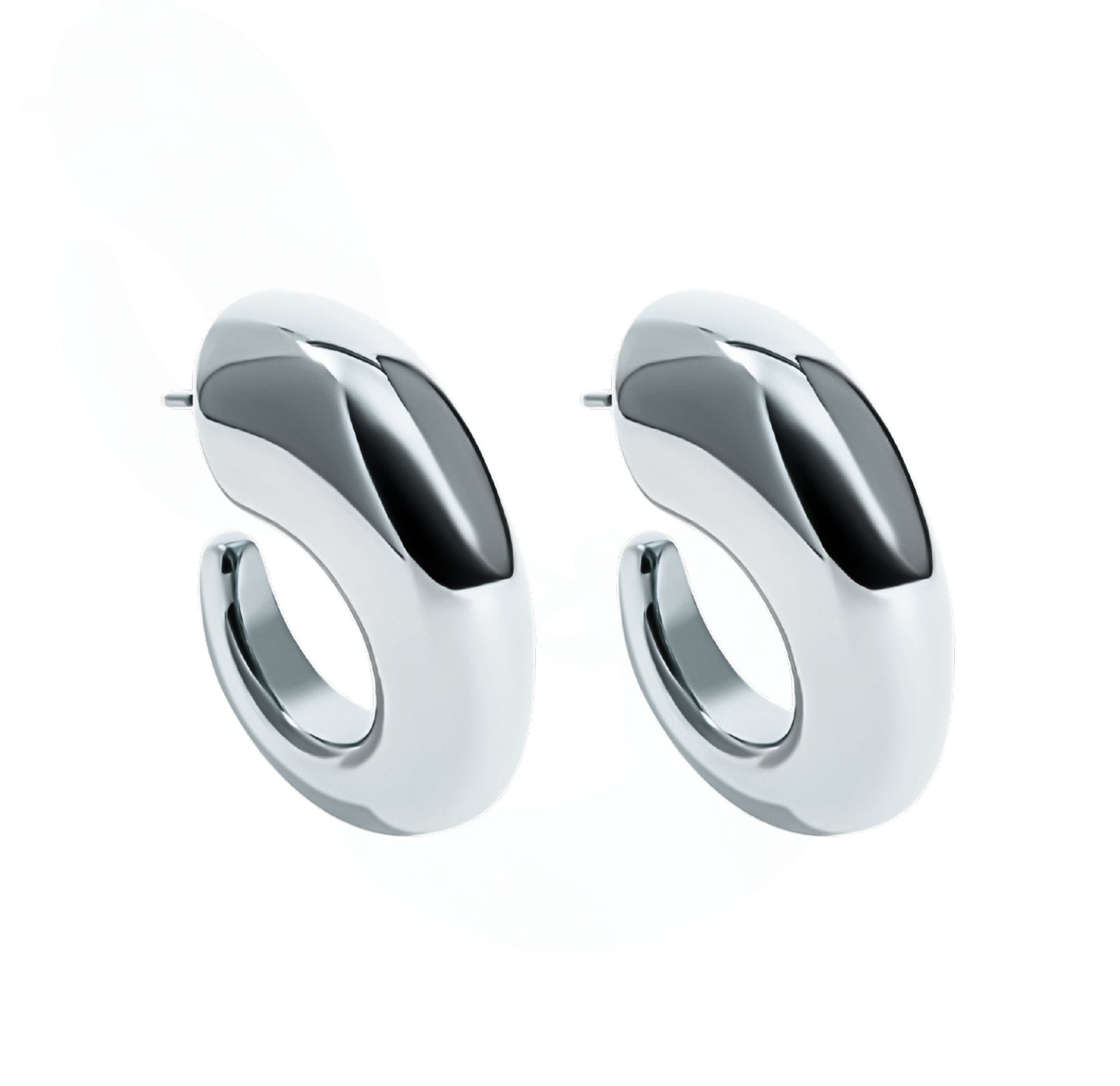Oval open hoop earrings available in gold plated and rhodium plated finishes with sculptural thick design