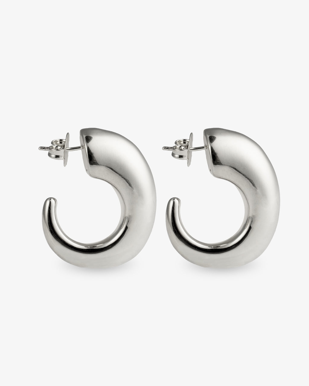 Chunky sculptural silver hoop earrings front and side view