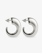 Chunky sculptural silver hoop earrings front and side view
