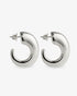Chunky sculptural silver hoop earrings front and side view