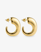 Chunky sculptural gold hoop earrings front and side view