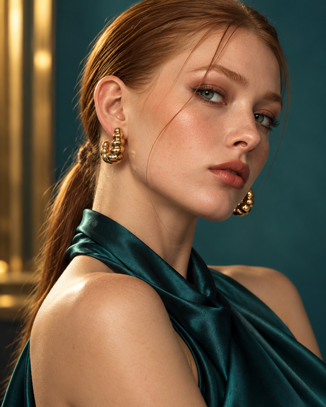 a model wearing a Chunky ridged gold hoop earrings