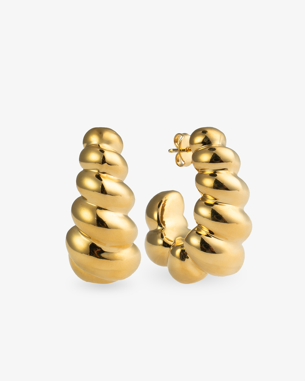 Chunky croissant gold hoop earrings front and side view