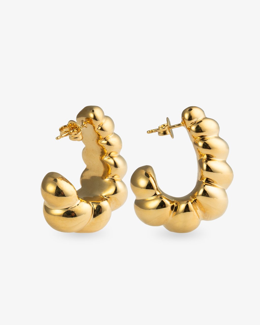 Chunky ridged gold hoop earrings back and side view with post closure