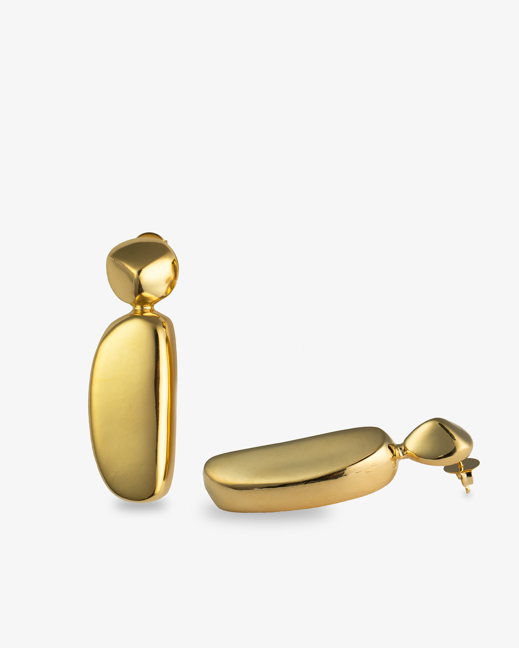Sculptural gold drop earrings angled side view with post back