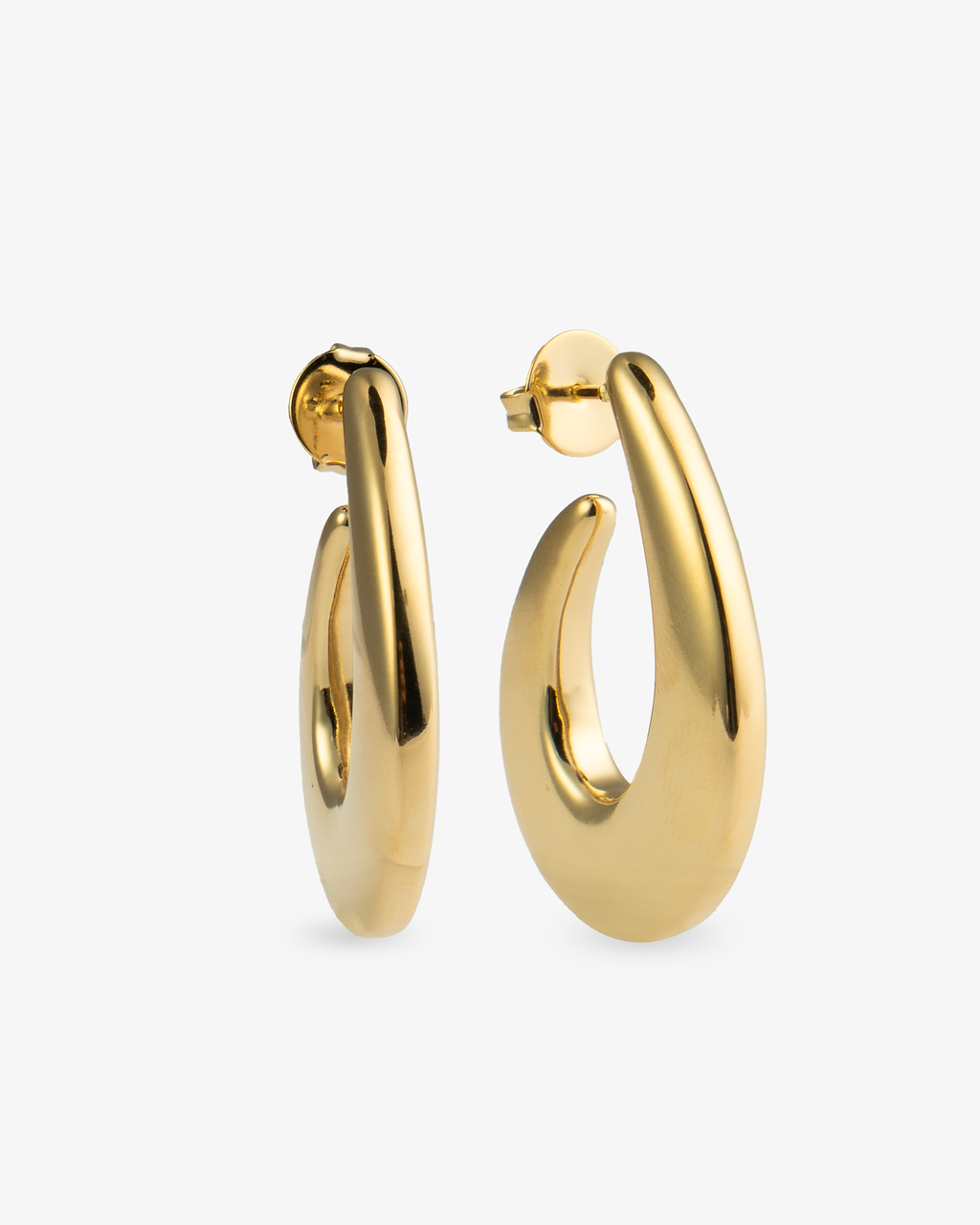 Chunky teardrop gold hoop earrings front and side view