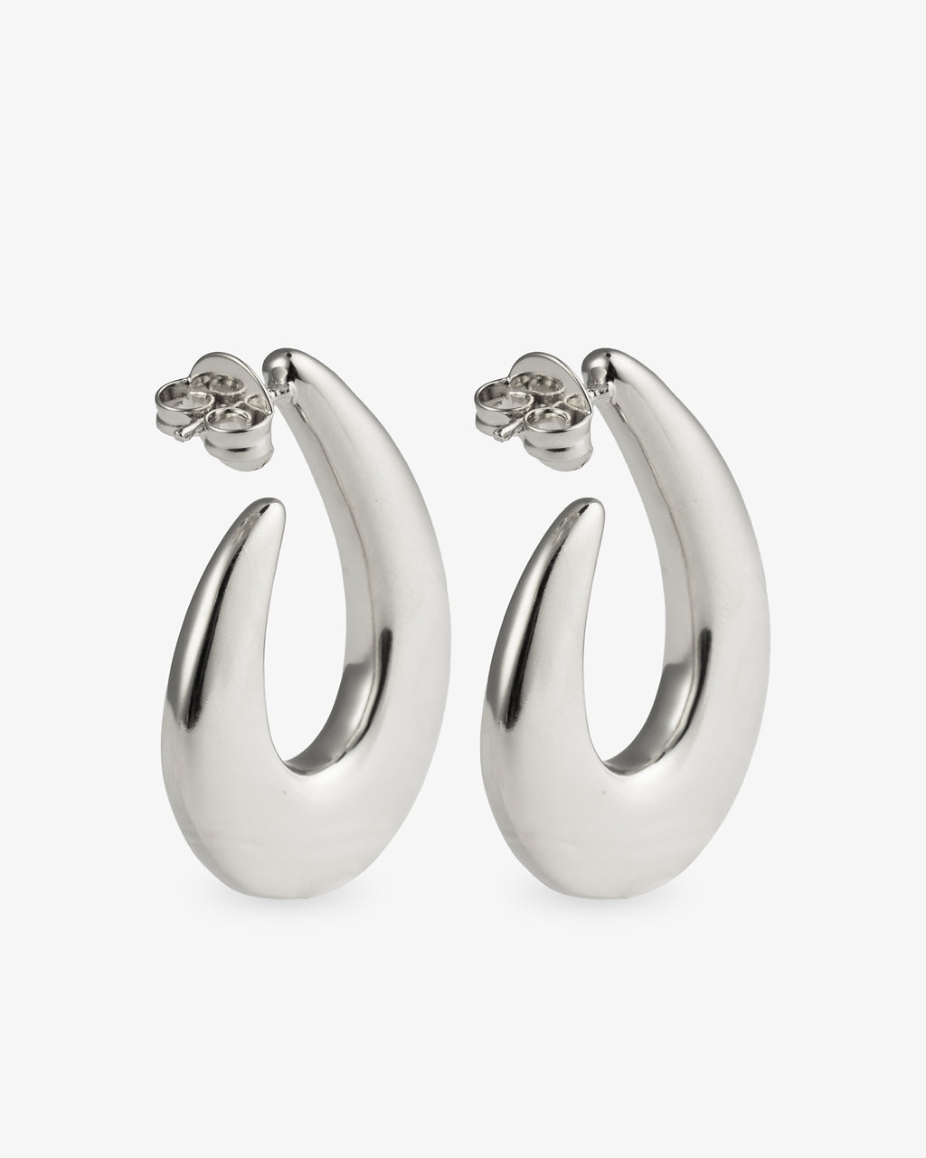 Chunky sculptural silver teardrop hoop earrings front view with post back